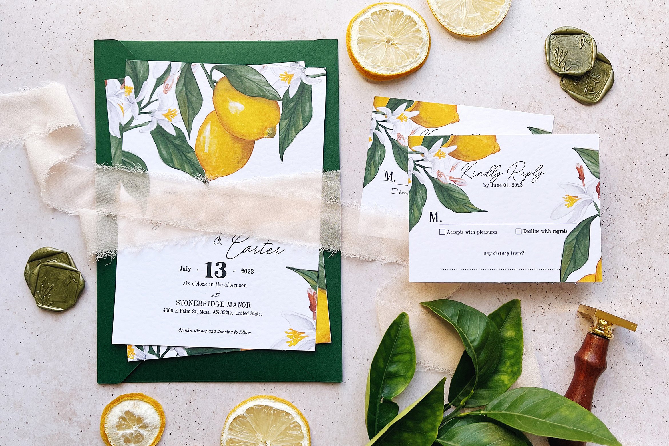 Lemon Watercolor Wedding Invitation Suite Design Cuts