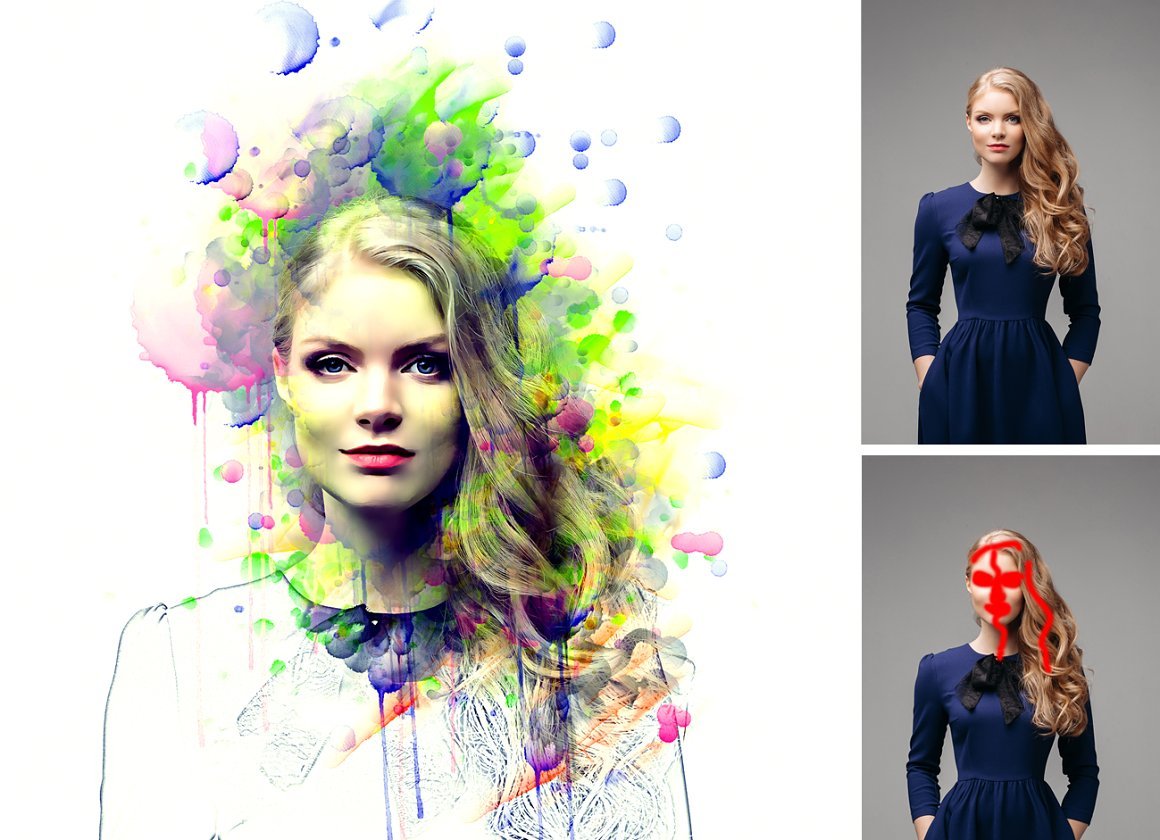 Portrait Watercolor Photoshop Action Design Cuts