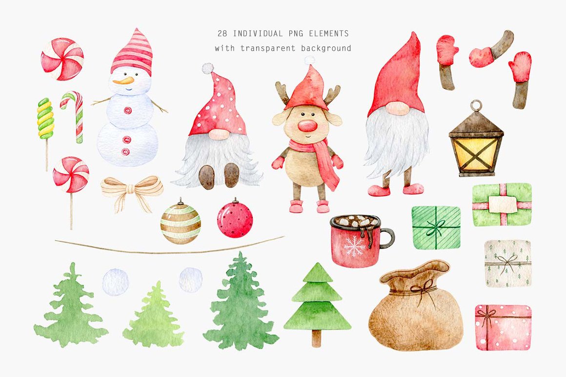 Watercolor Christmas Gnome Clipart Design Cuts