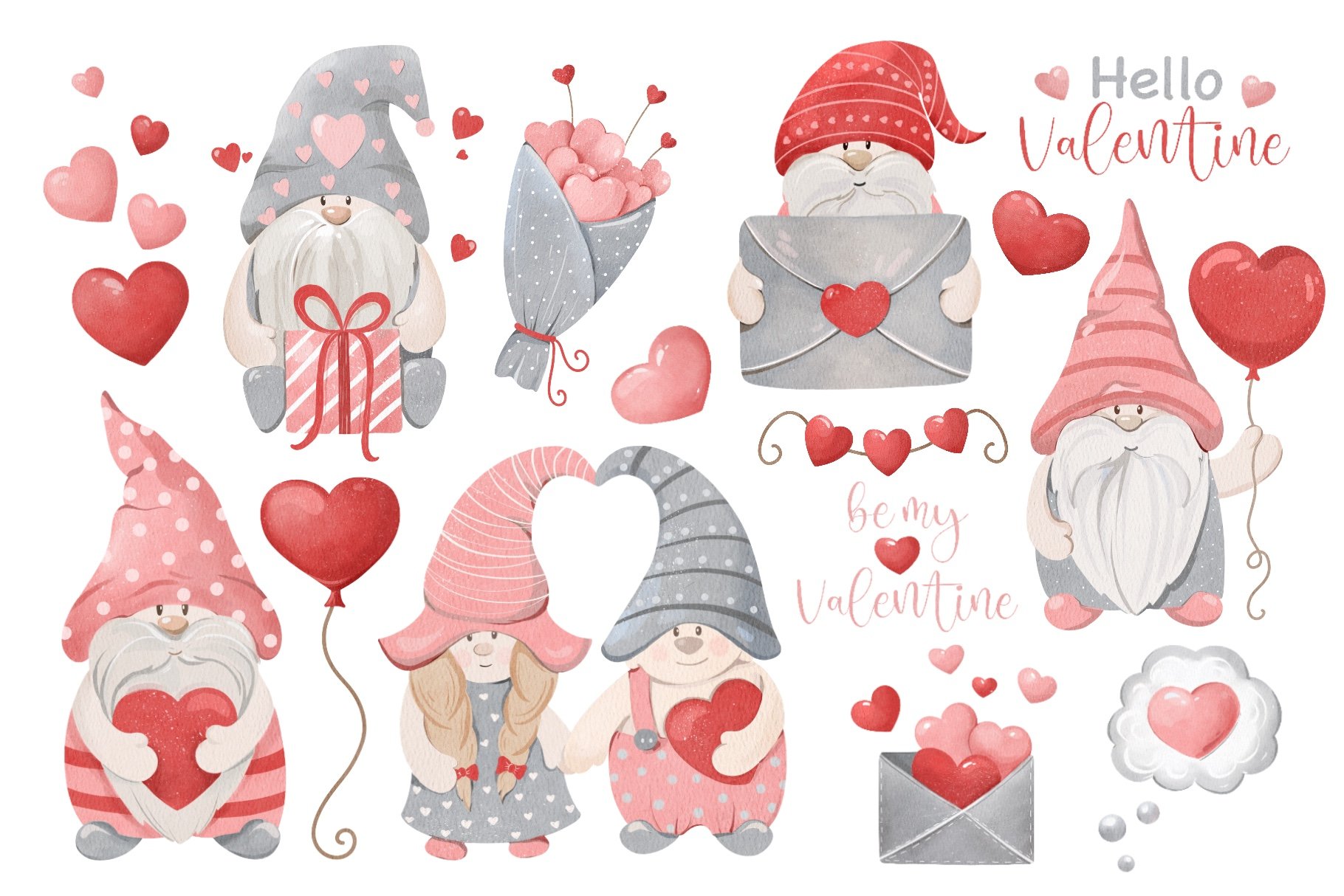 Watercolor Valentine Gnomes Clipart Design Cuts