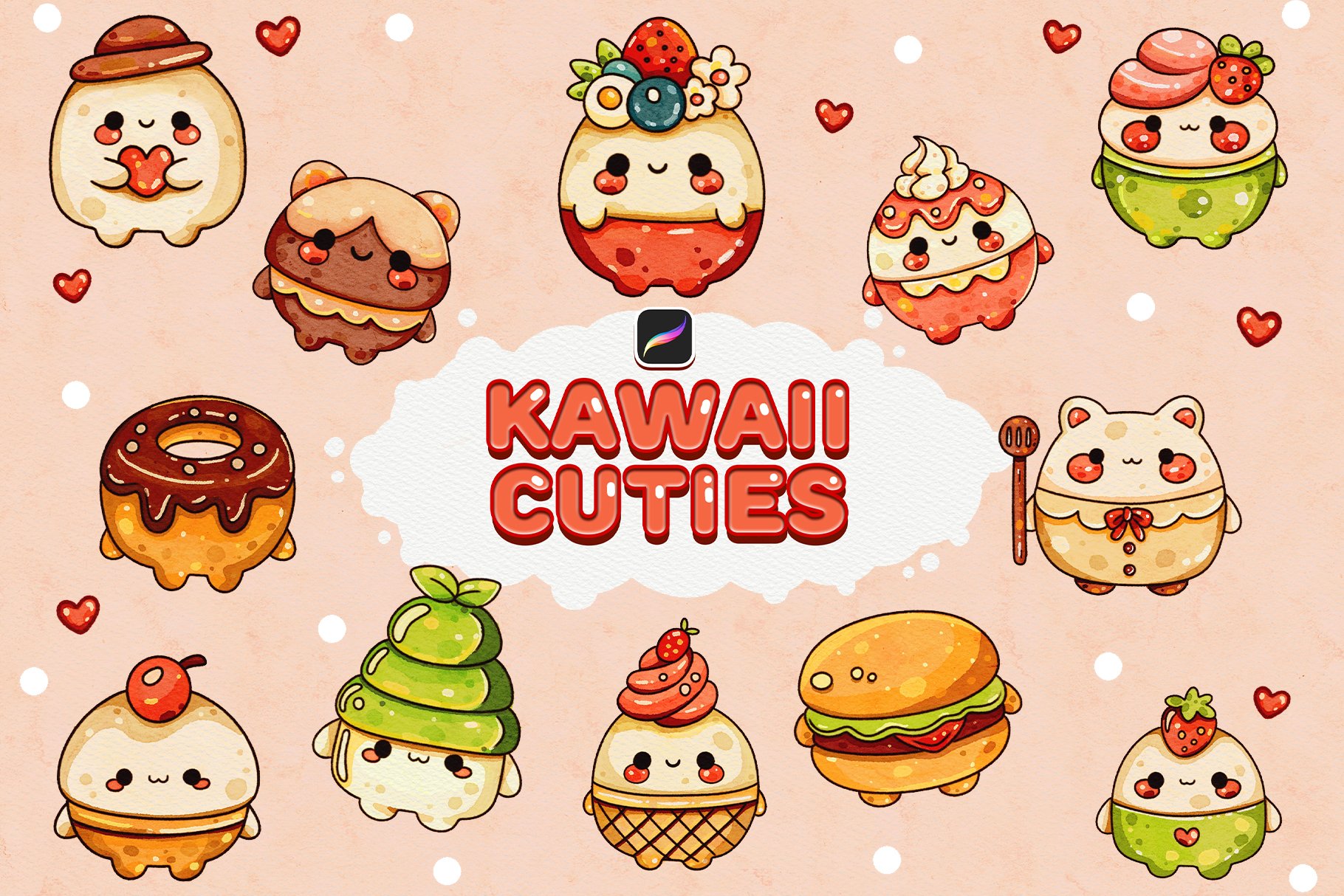 Kawaii Cuties Characters Procreate Stamp Brushes Design Cuts