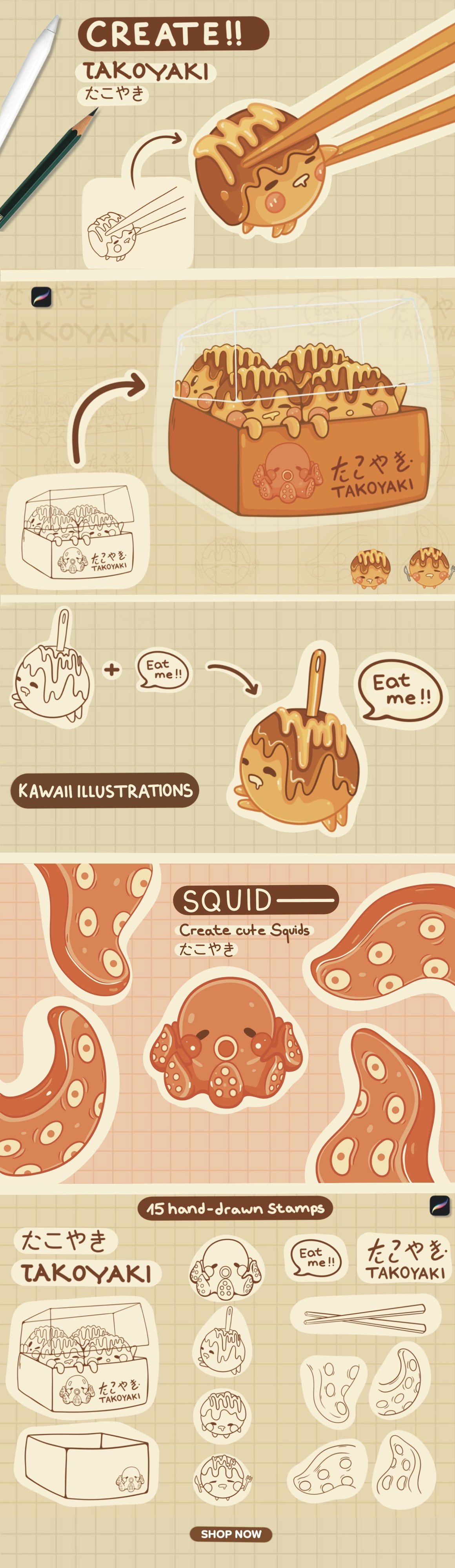 Takoyaki Food Stamps Kawaii Brushes Procreate Design Cuts