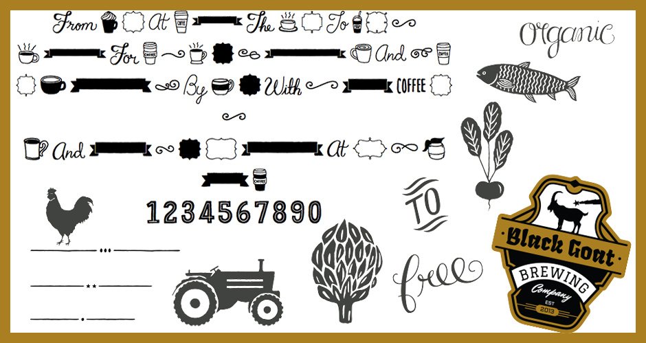 Espresso Beans Extras Font, Text Dividers, Farm Vectors and Beer Label Logo Set