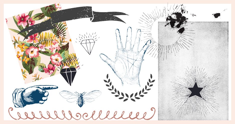 Floral Patterns, Halftone Textures, Sunbusts and Vintage Graphics Pack