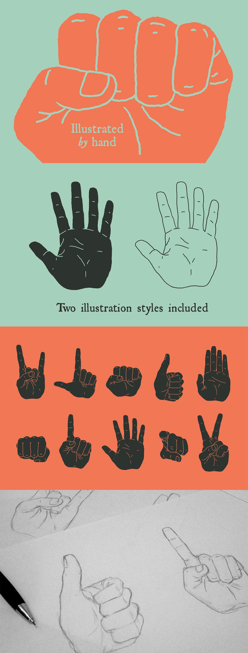 10 Hand Illustrated Hands and Fists
