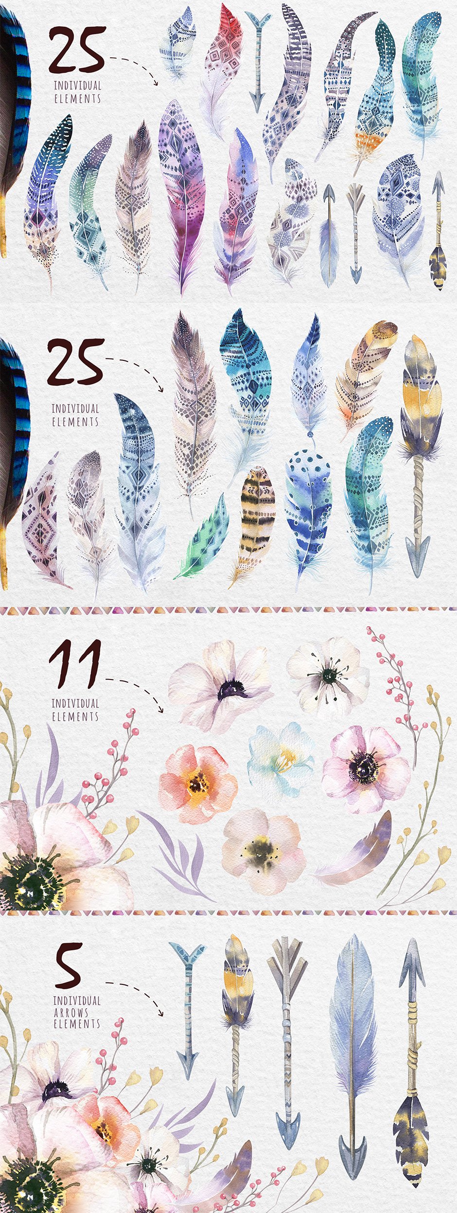 Bohemian Watercolor Tribe Feathers