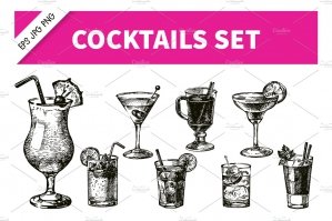Hand-drawn Sketch Cocktails Set