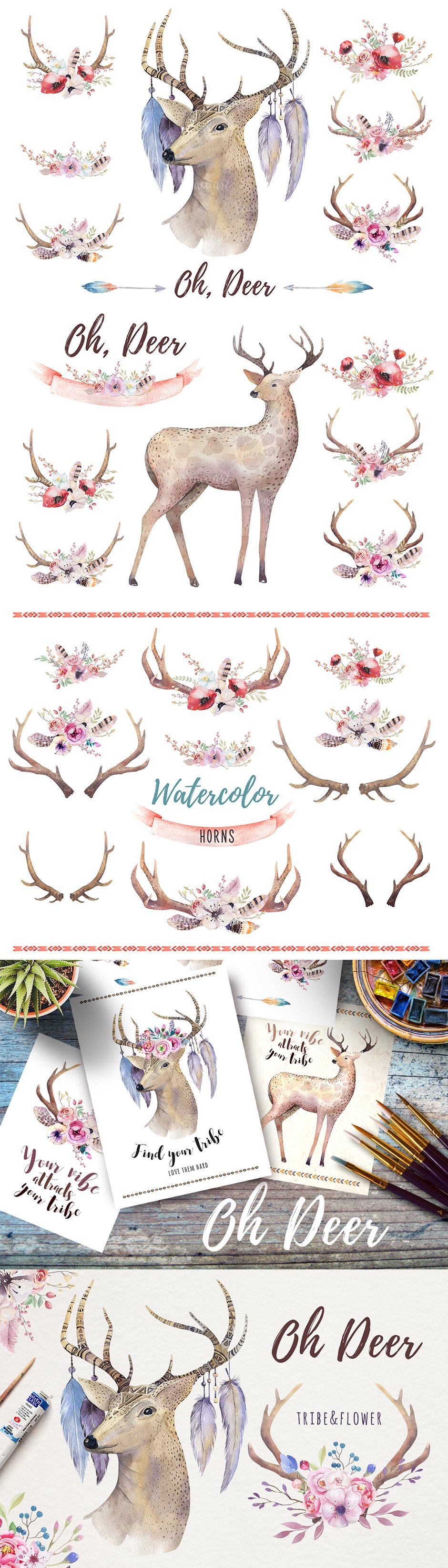 Watercolor Deer and Antlers Bohemian