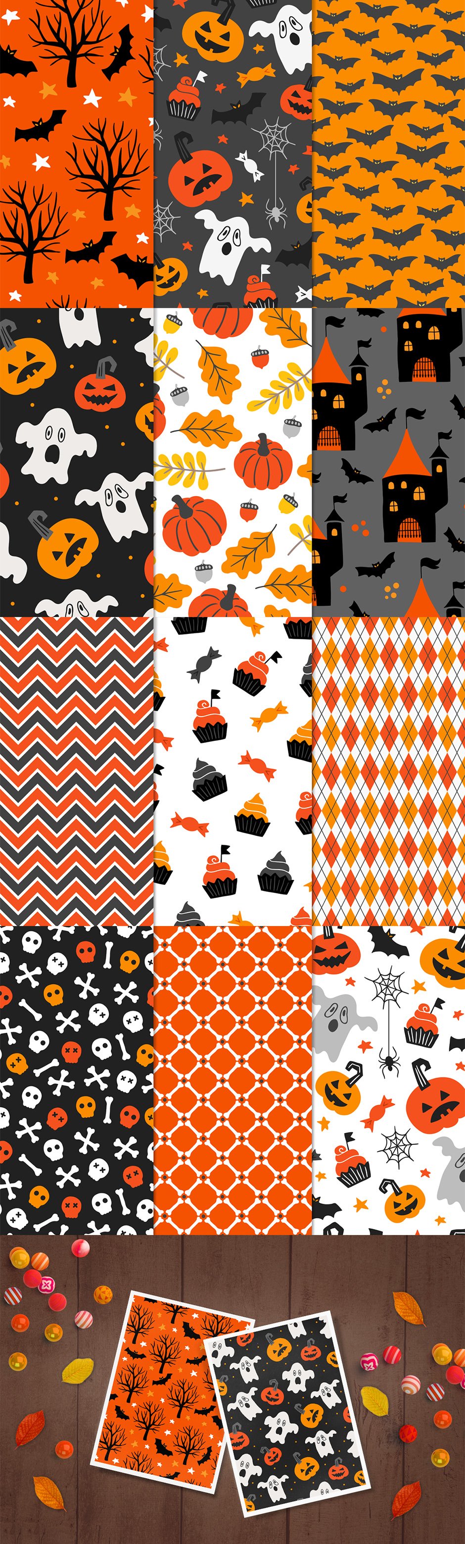 12 Halloween Seamless Patterns