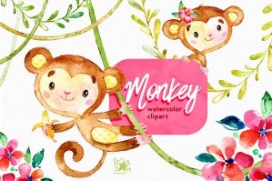 Monkey Watercolor Clip Art