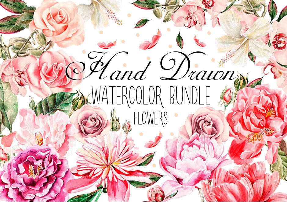 Hand Drawn Watercolor Flowers Bundle
