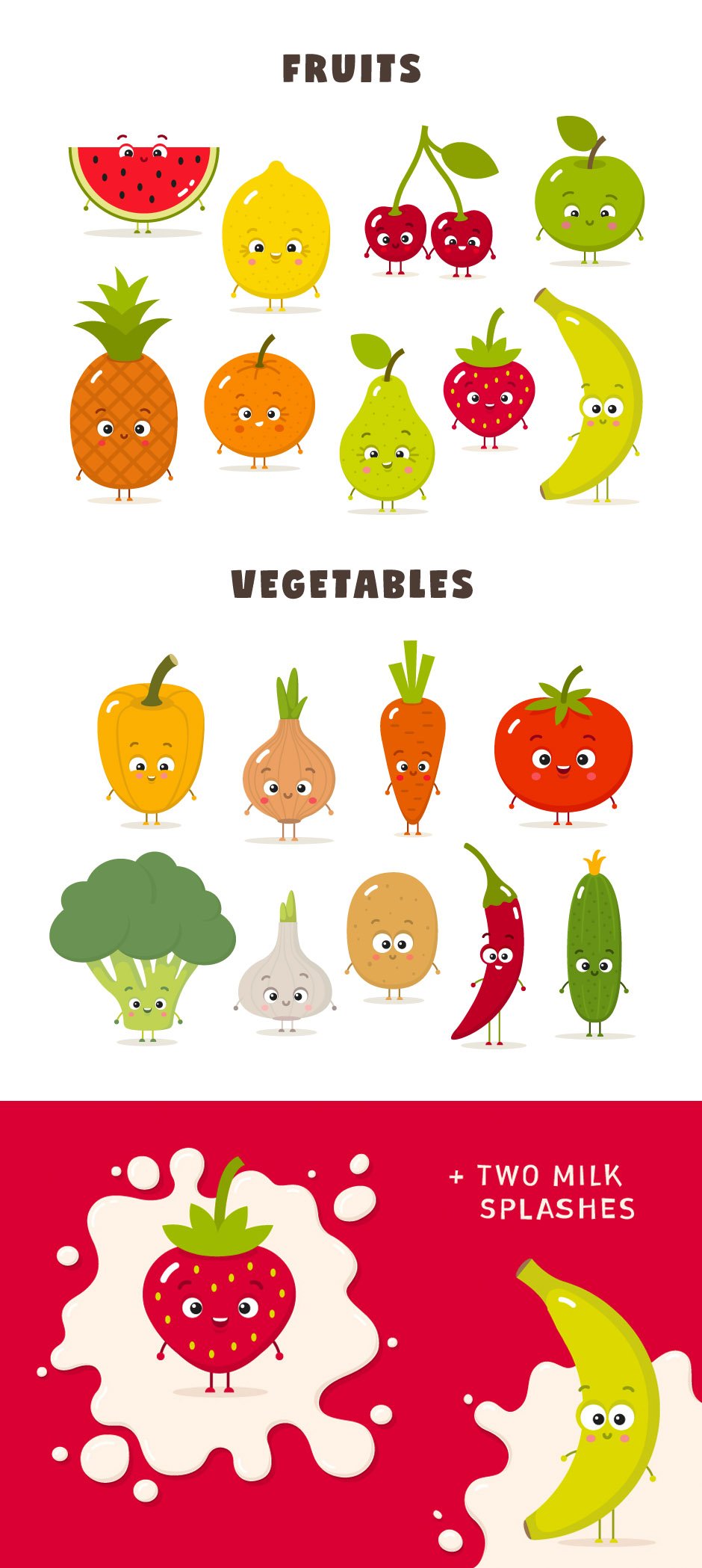 Cartoon Fruits & Vegetables Vector Set
