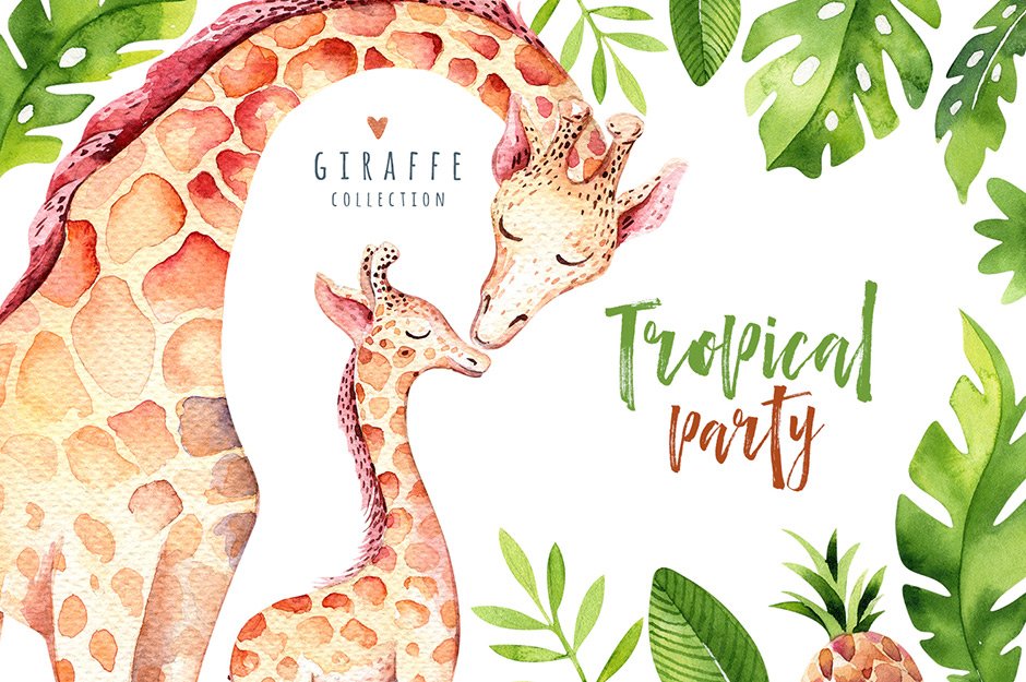 Giraffe Collection Tropical Illustrations Party