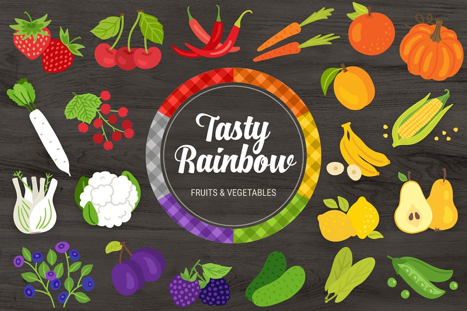 Tasty Rainbow Fruit and Veg Vectors + Bonus Seamless Patterns