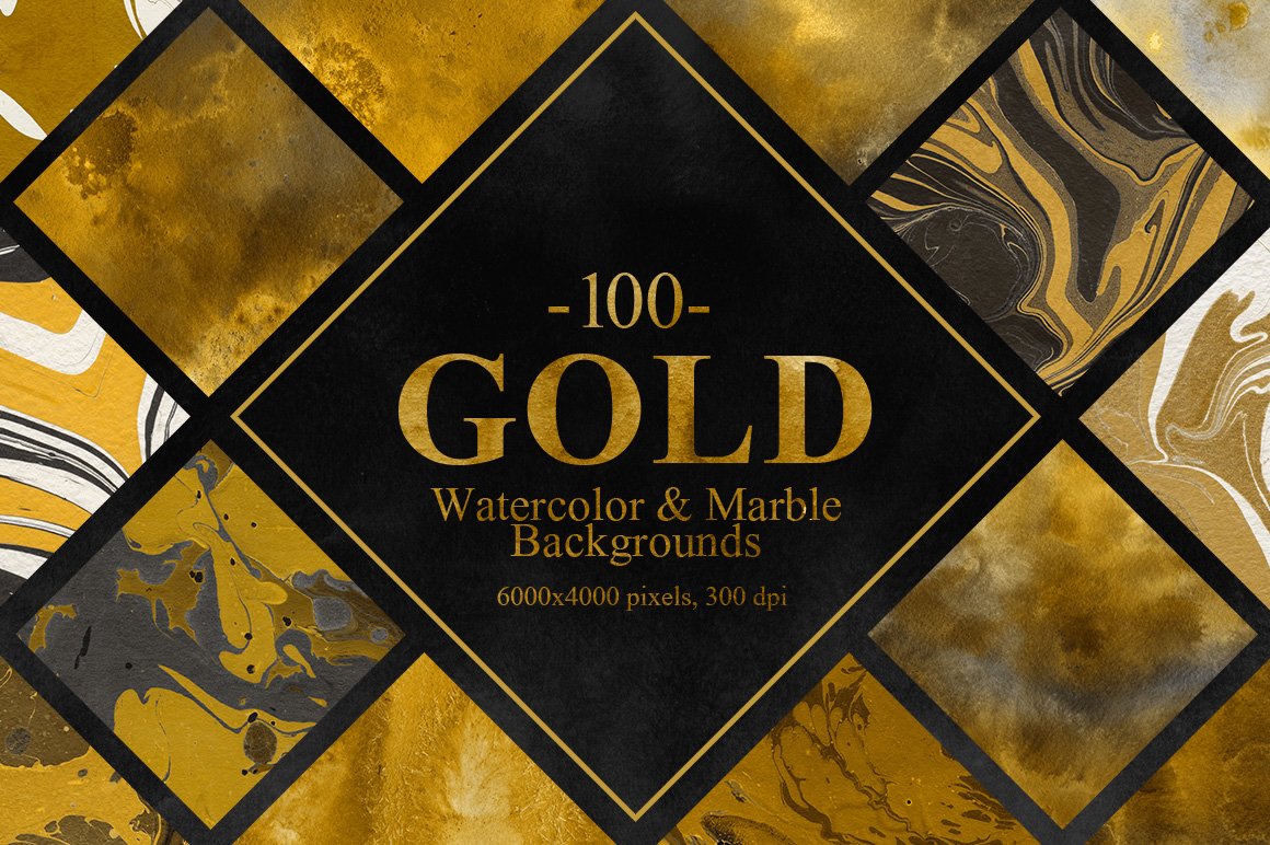 100 Gold Watercolor & Marble Backgrounds