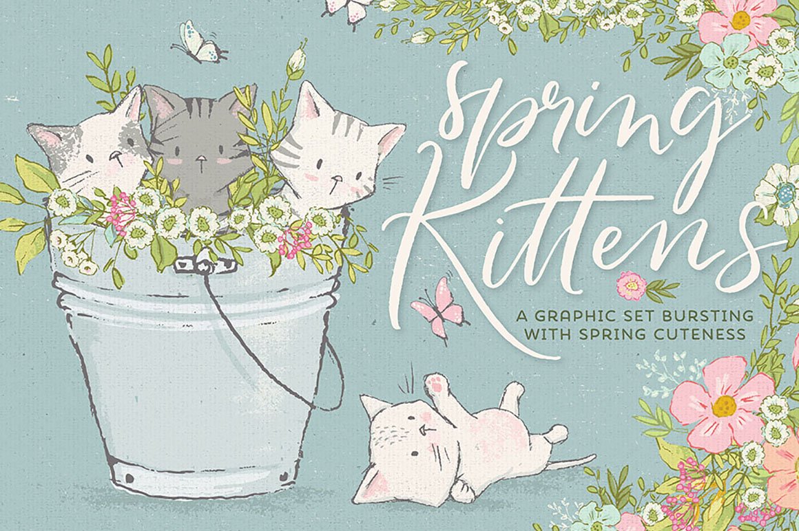 Spring Kittens & Flowers Graphics Bundle