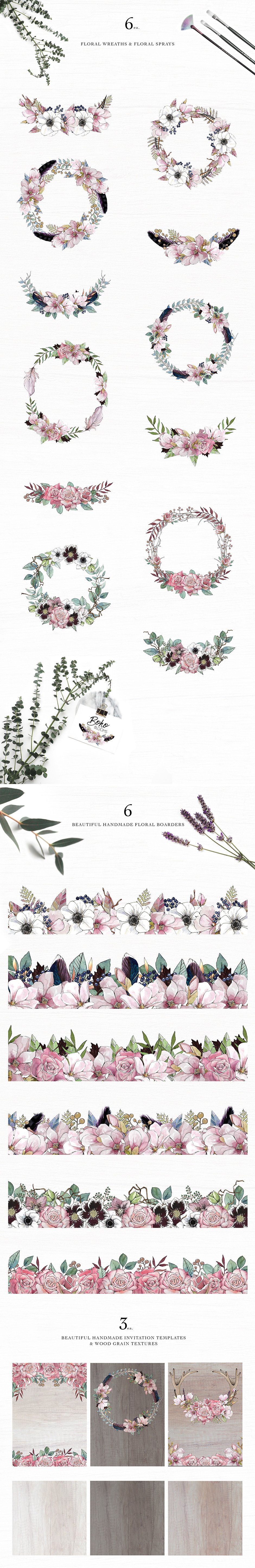 Watercolor & Ink Floral Clipart: Boho Blooms Vol.1