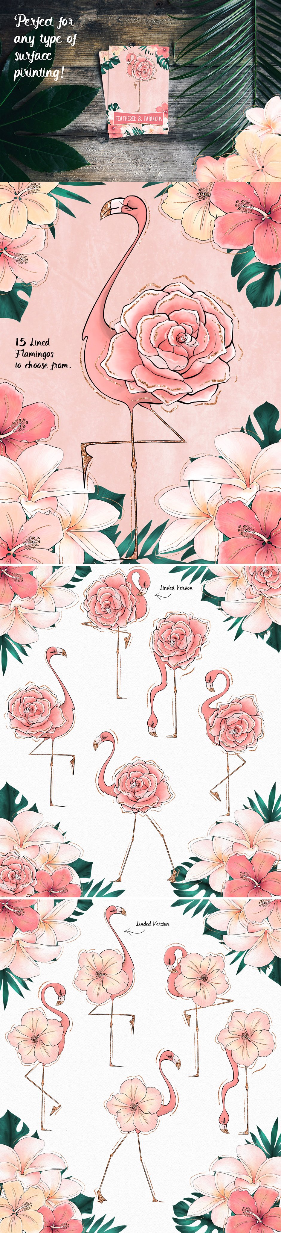 Tropical Flowers & Flamingos ClipArt