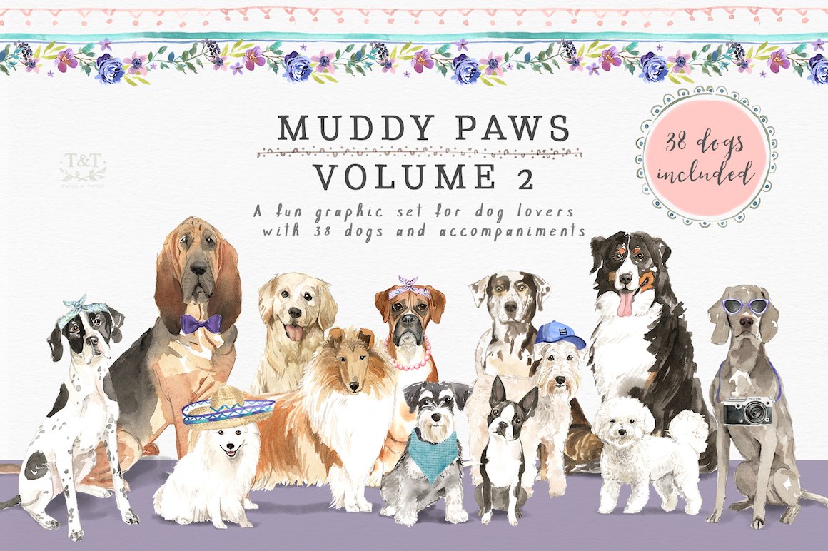 Muddy Paws Volume 2 – Watercolor Dog Graphics