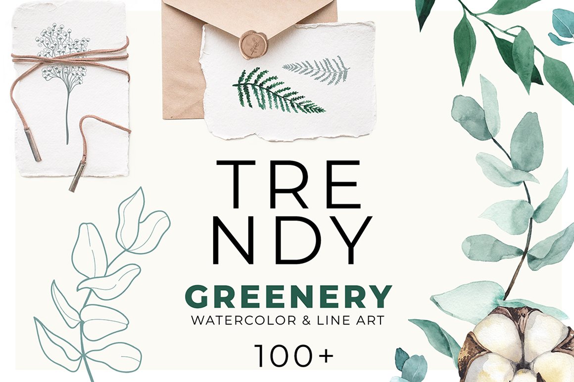 Trendy Greenery: Watercolor & Line Art Collection