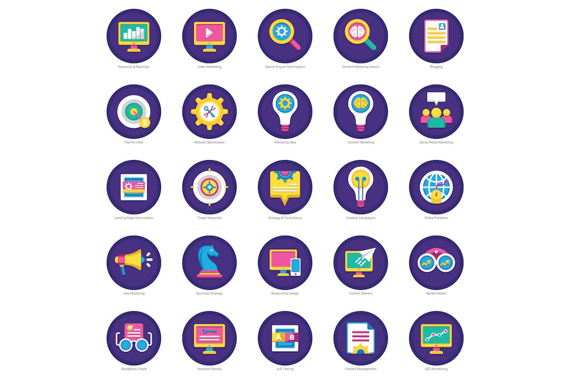 100 SEO and Marketing Flat Icons