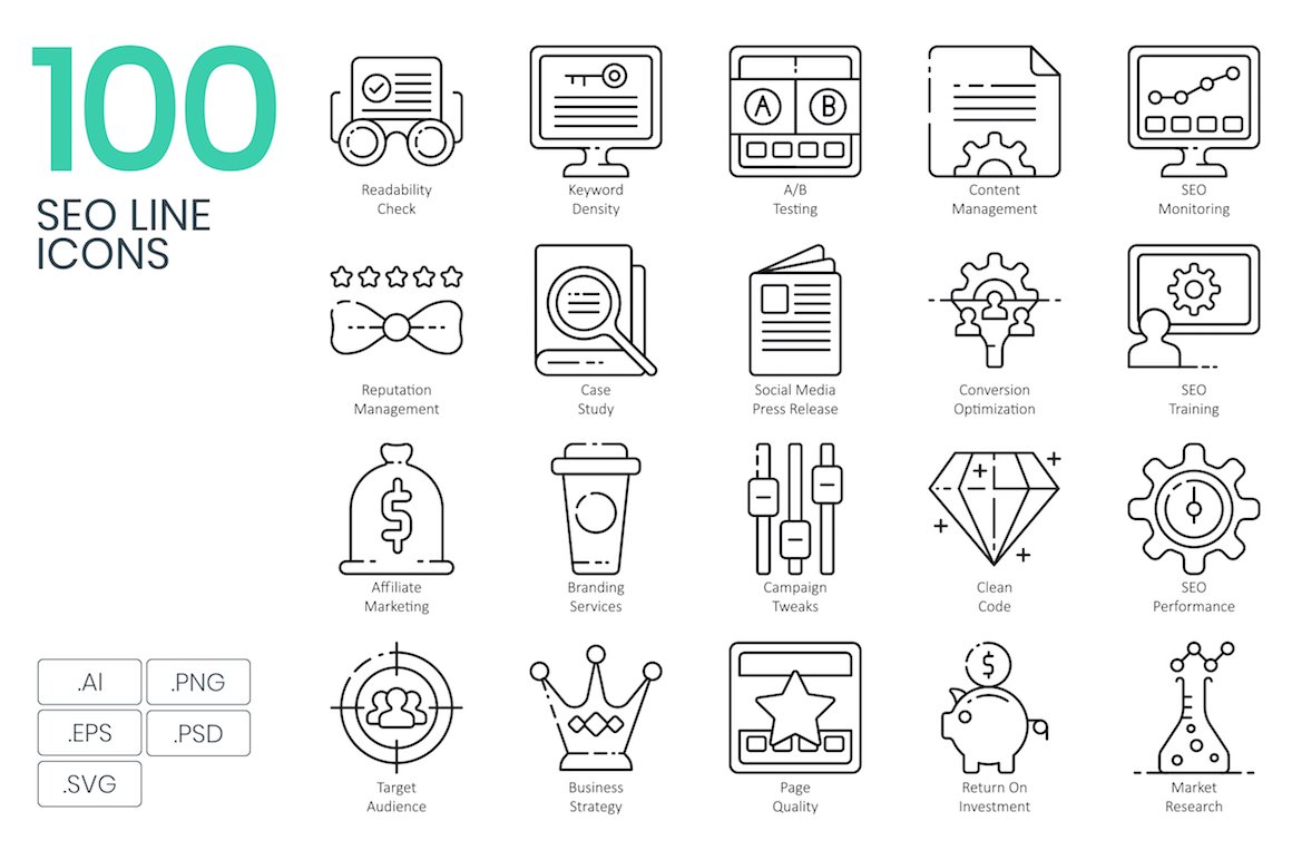 100 SEO Line Icons