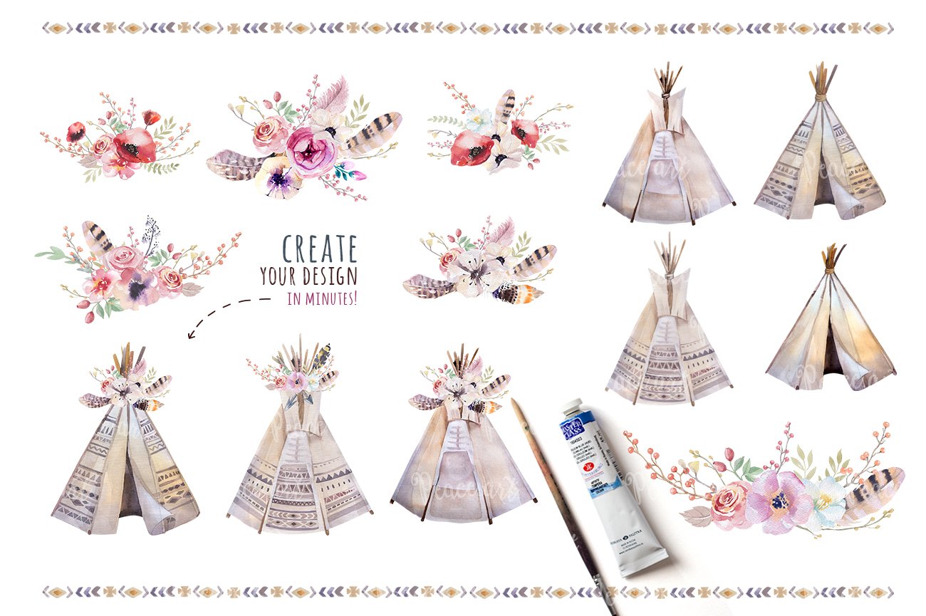 Watercolor Boho Teepee and Bouquets