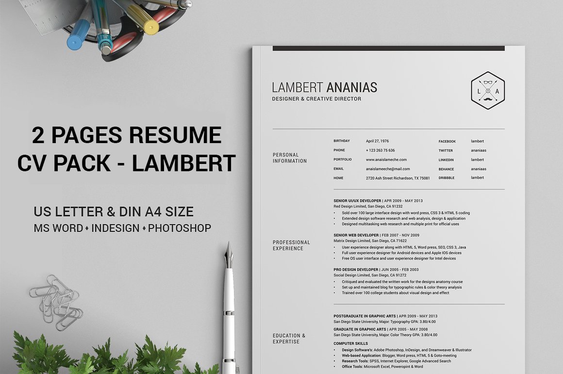 2 Pages Resume CV Pack Lambert cover