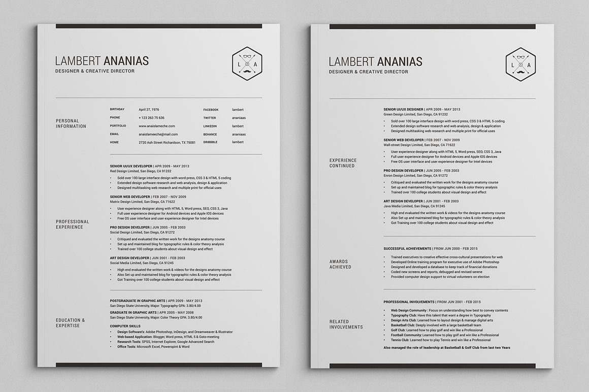 2 Pages Resume CV Pack Lambert strip1