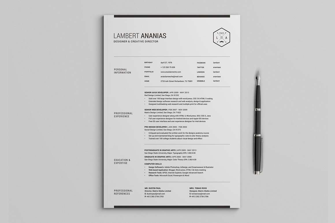 2 Pages Resume CV Pack Lambert strip3