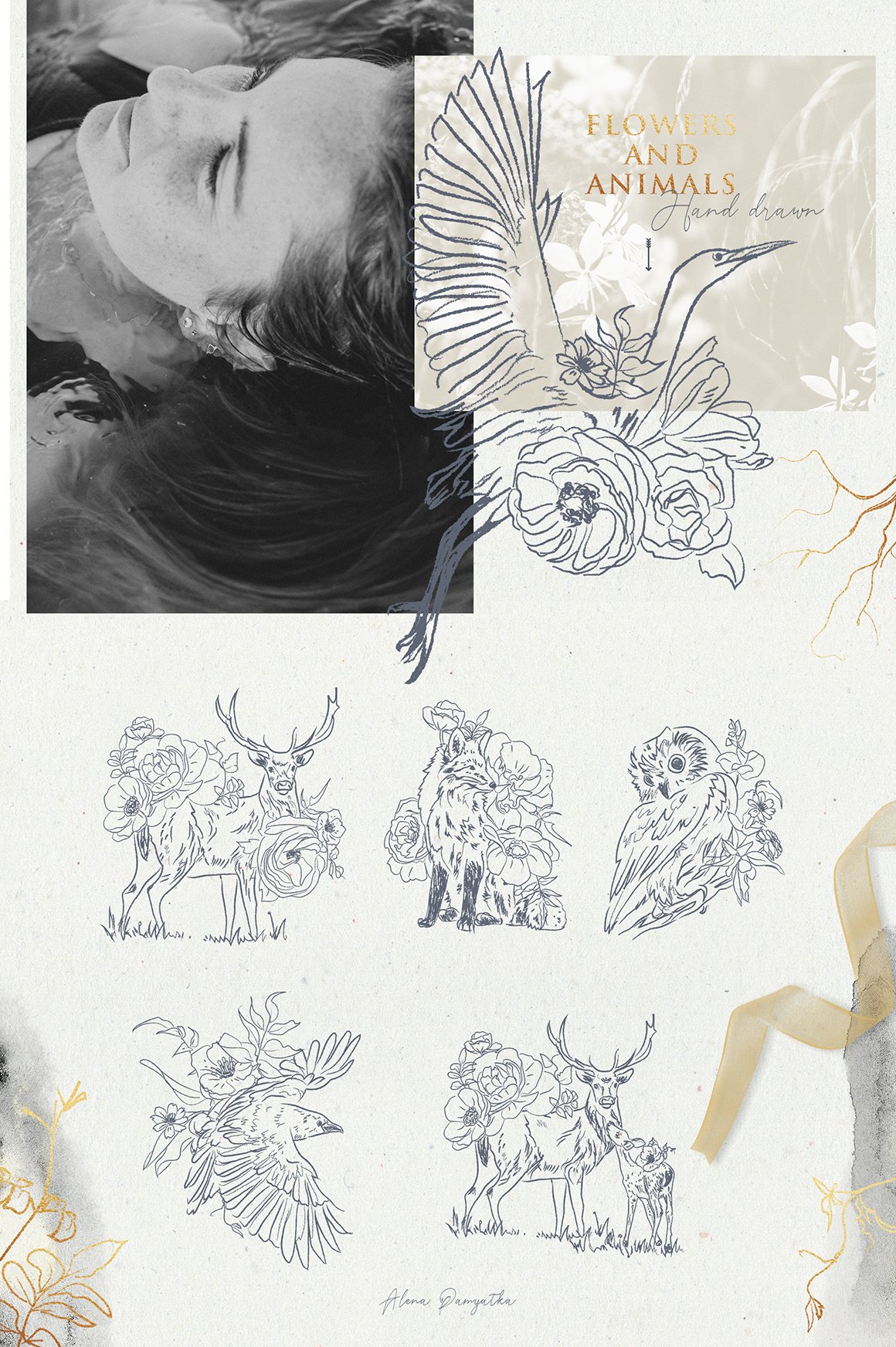Floral and Animals. Winter Graphic Illustrations.