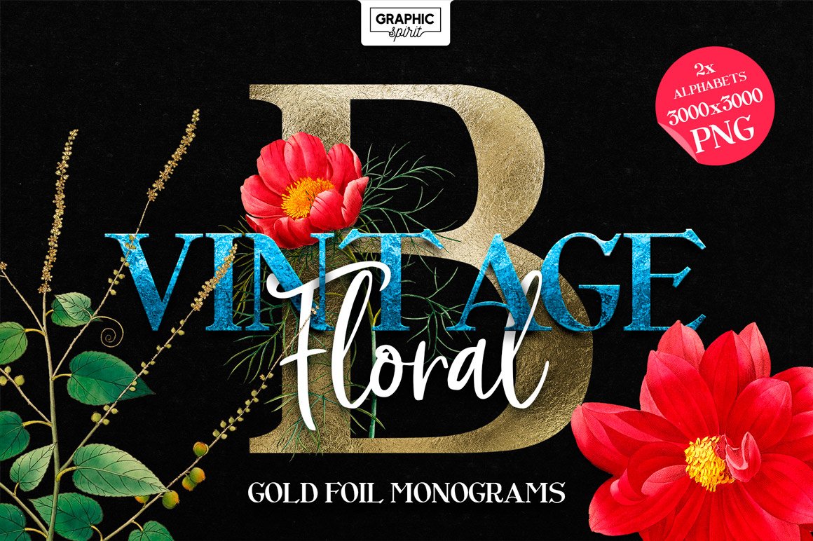 Vintage Floral Gold Foil Monograms - Design Cuts