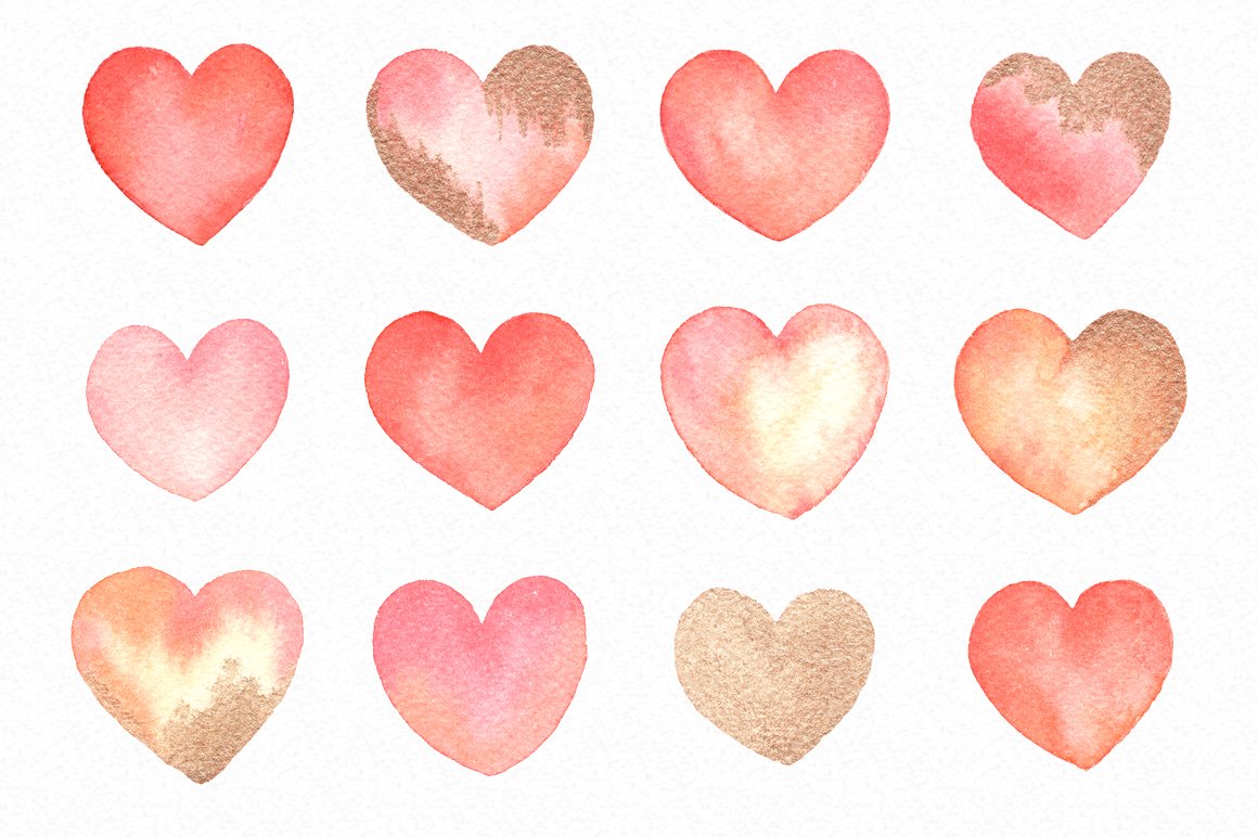 Watercolor Hearts Love Graphics - Handpainted gold