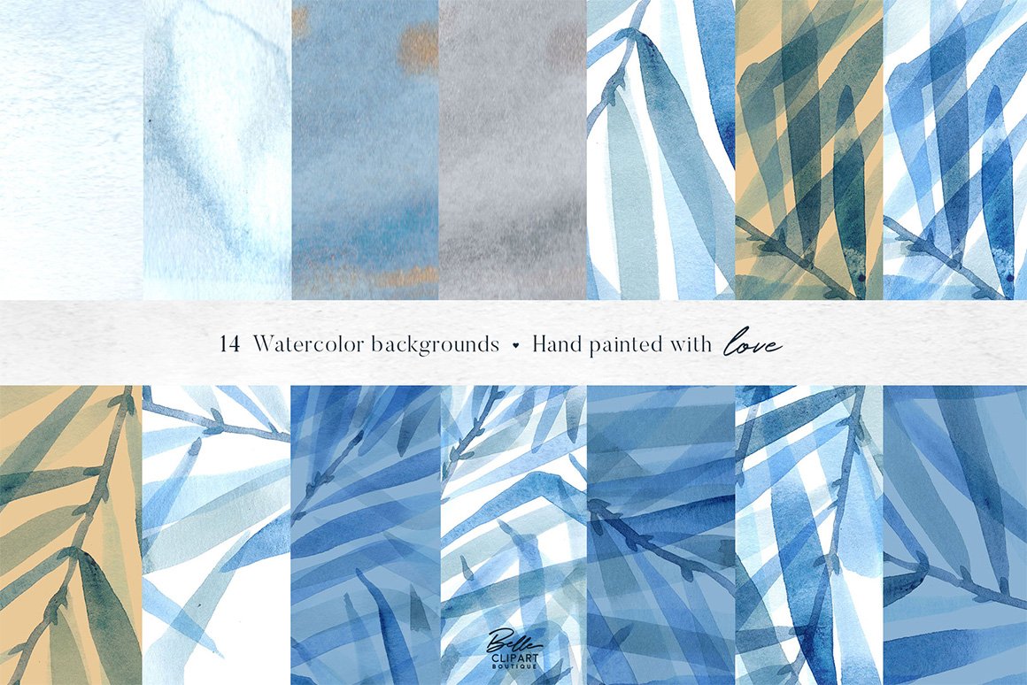 Blue Foliage Watercolor Digital Paper