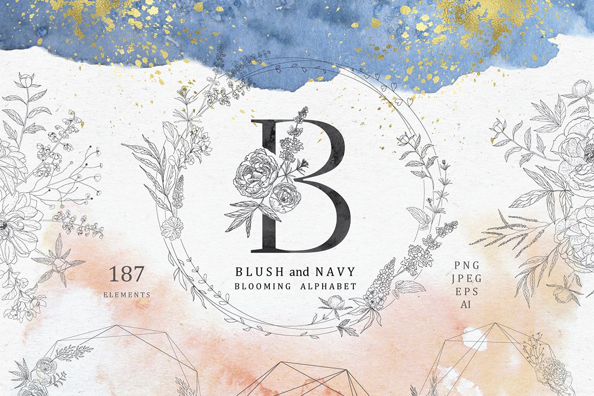 Blush & Navy. Blooming Alphabet.