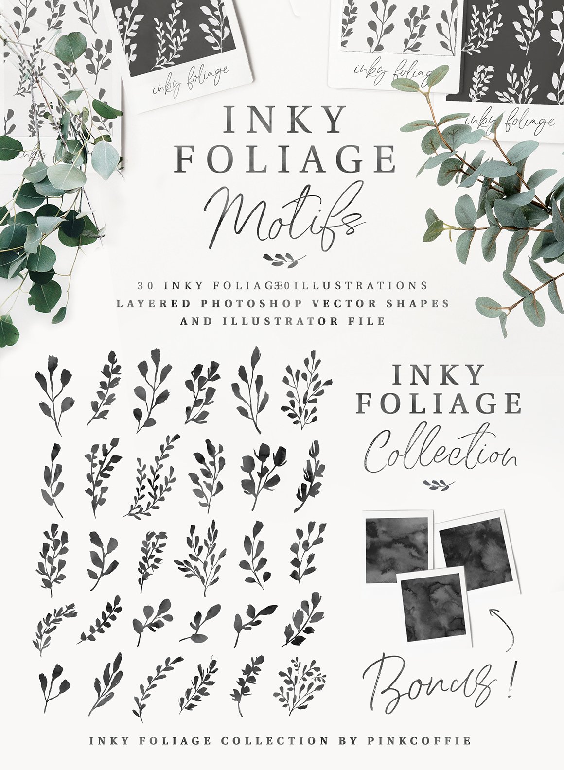 Inky Foliage - 30 Seamless Patterns + 30 Motifs