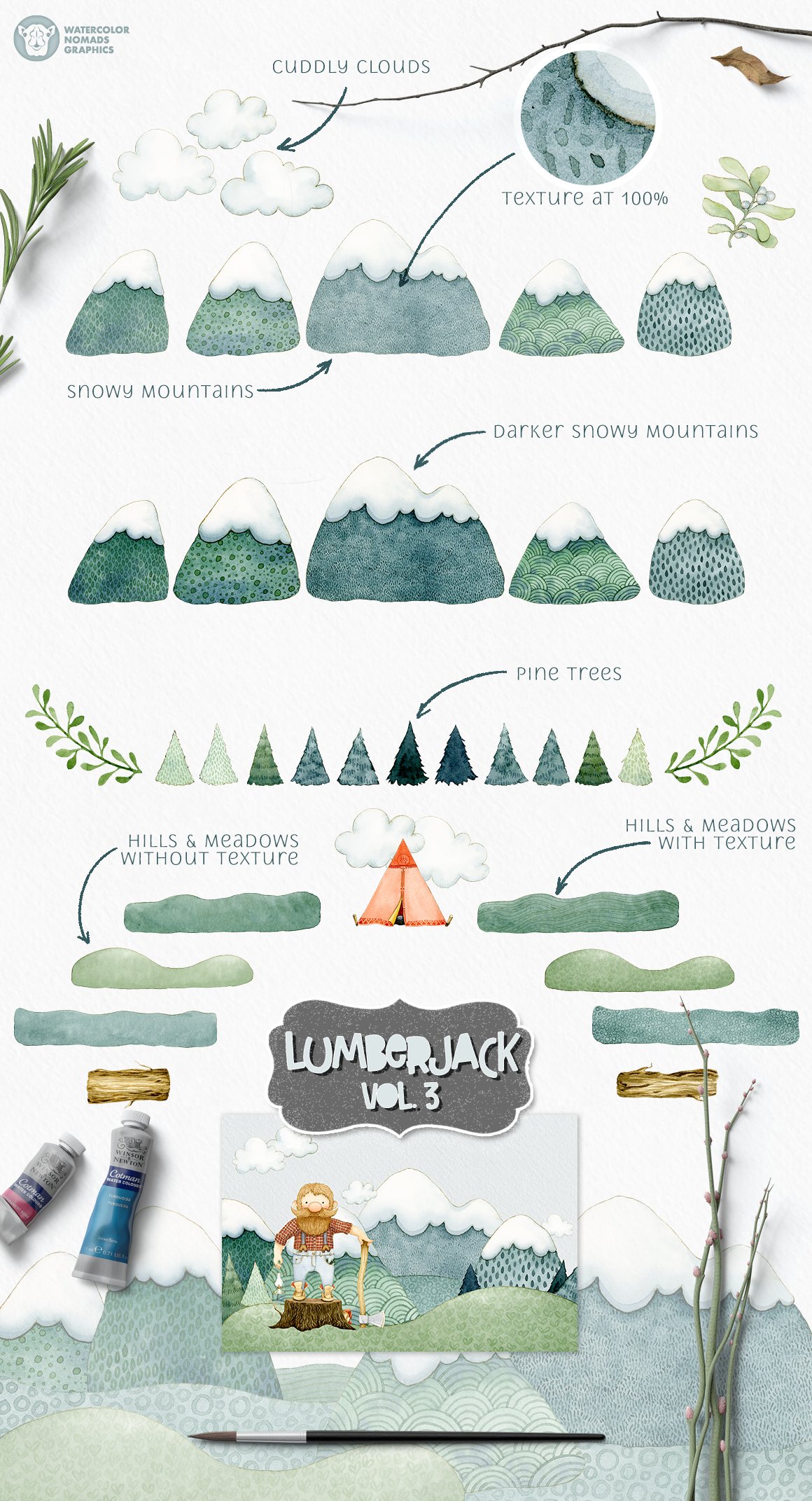 Lumberjack Mountains Watercolor Illustrations Kit
