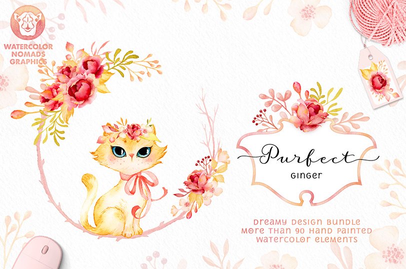 Purfect Ginger - Watercolor Roses and Cute Kittens