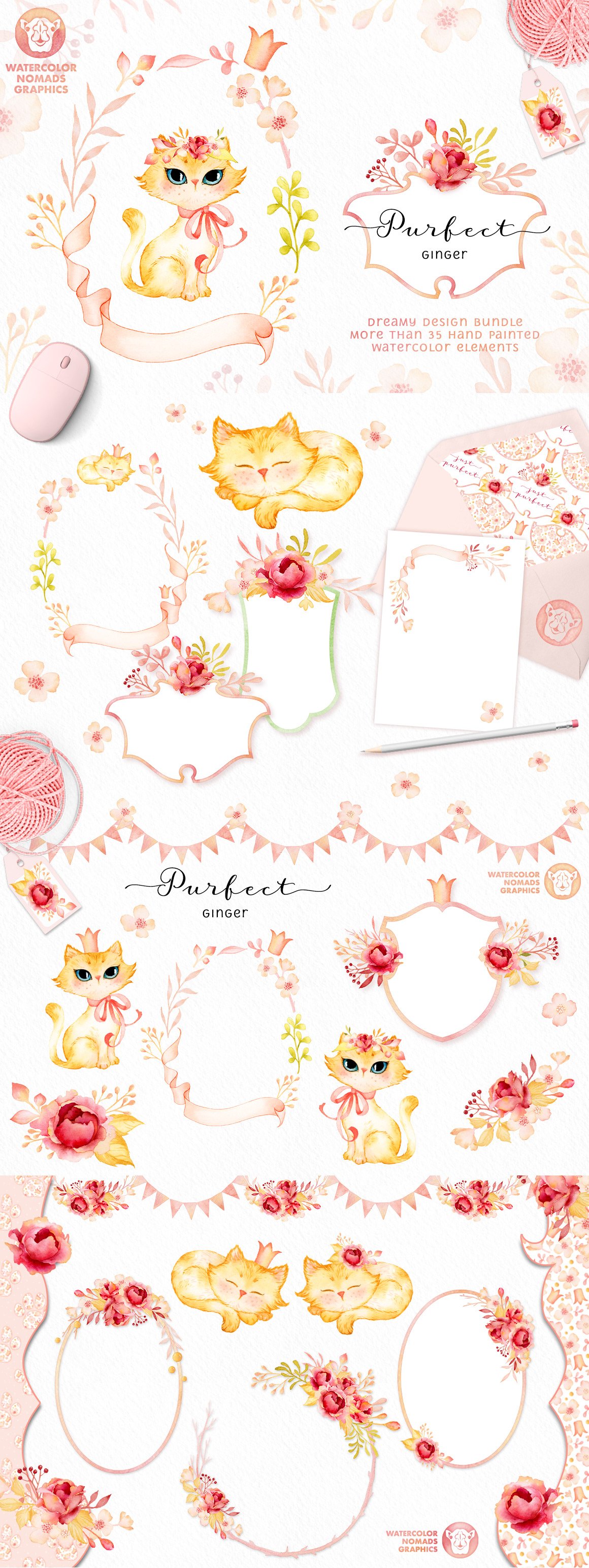 Purfect Ginger - Watercolor Roses and Cute Kittens