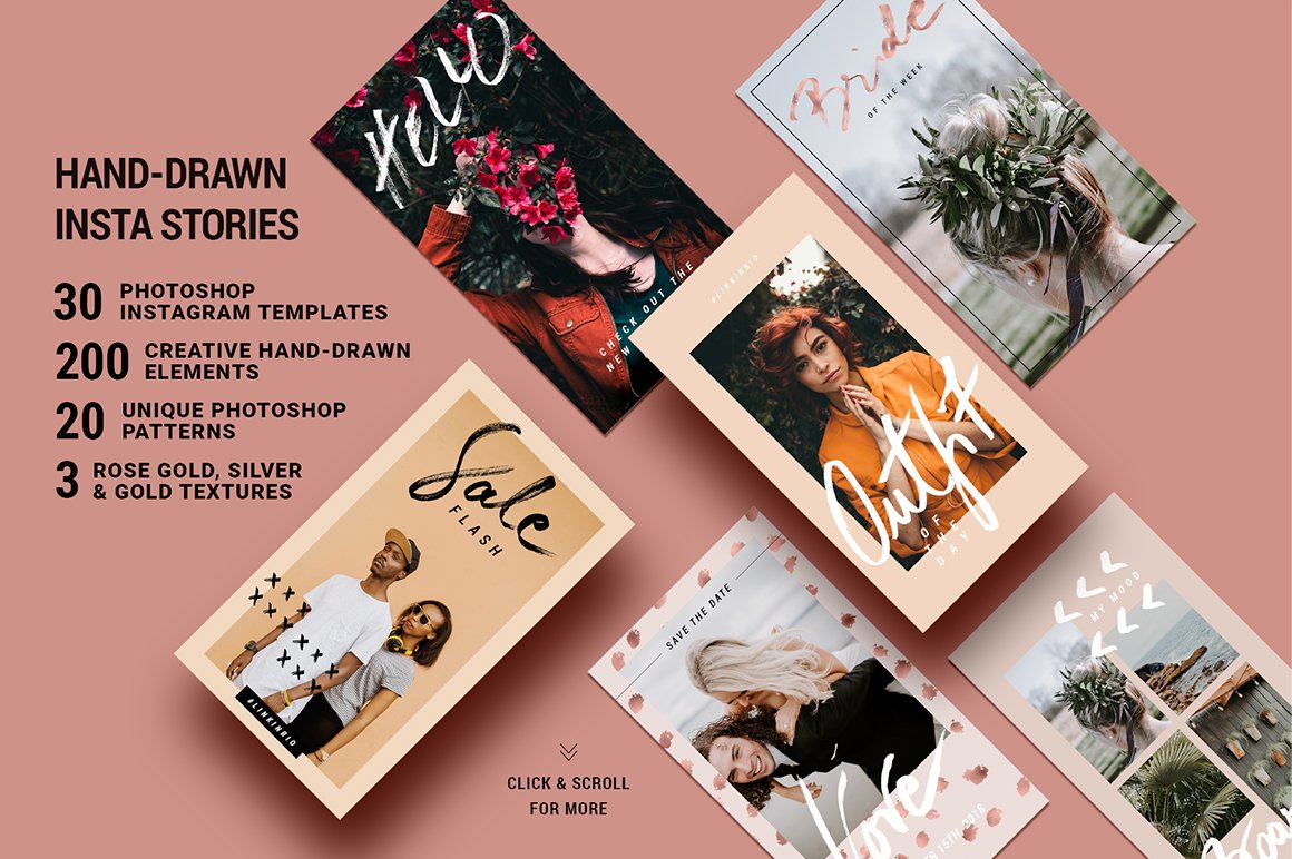 Rose Gold Hand-Drawn Instagram Story Templates