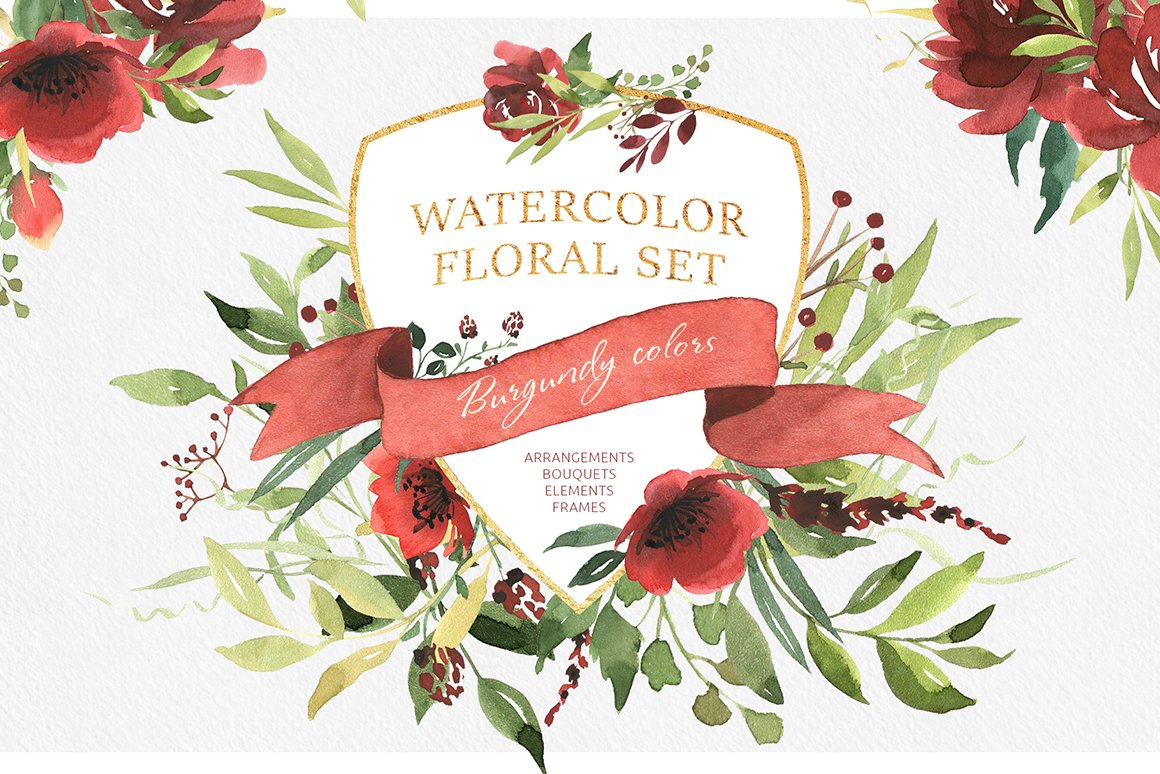 Watercolor Floral Set -  Burgundy Colors