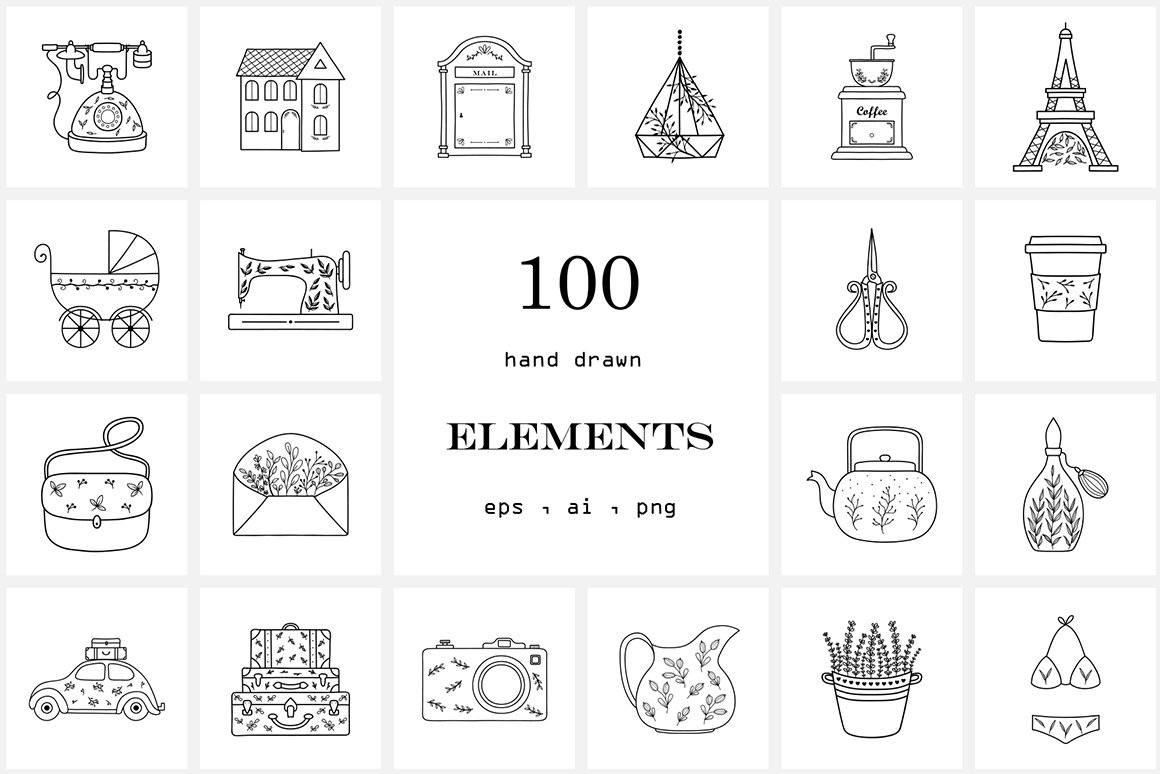 100 Hand Drawn Logo Elements