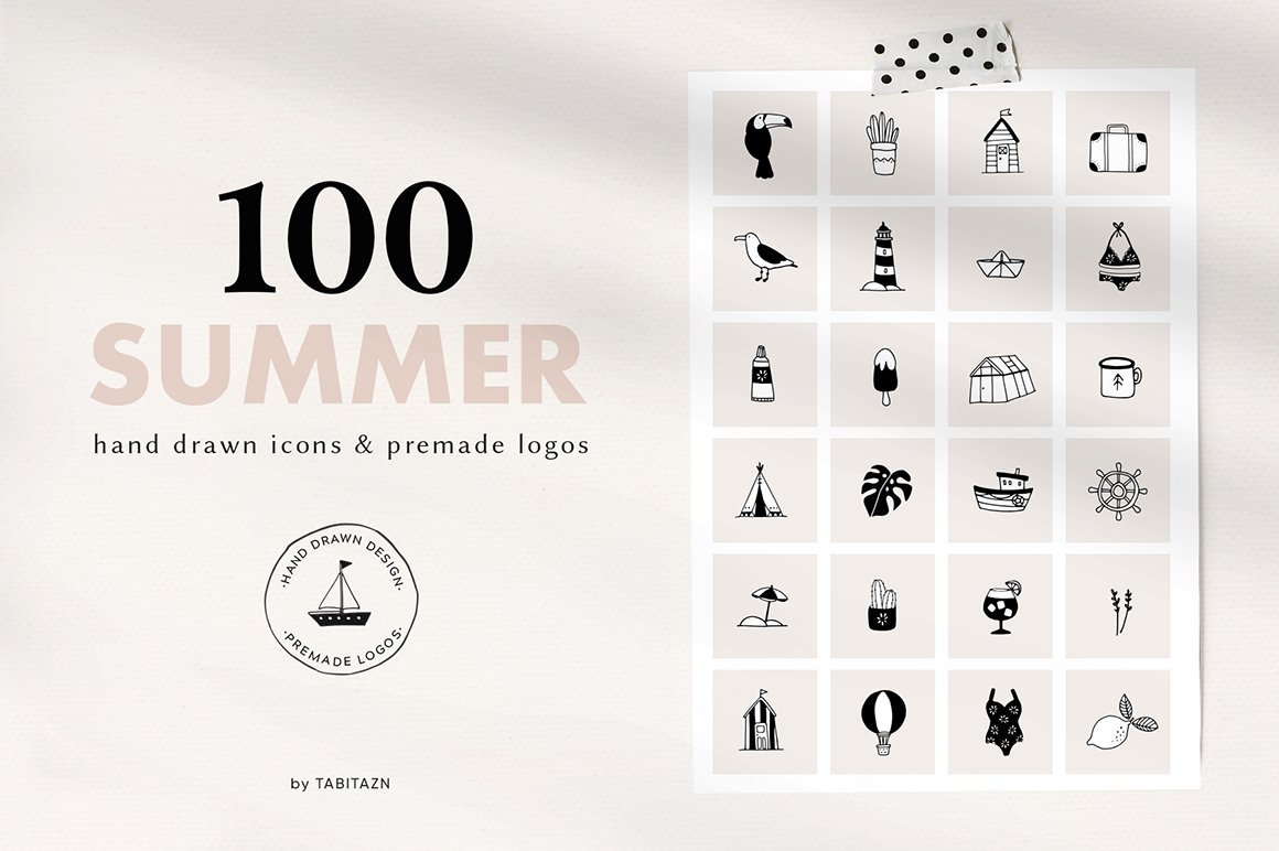100 Summer Hand Drawn Icons & Logos