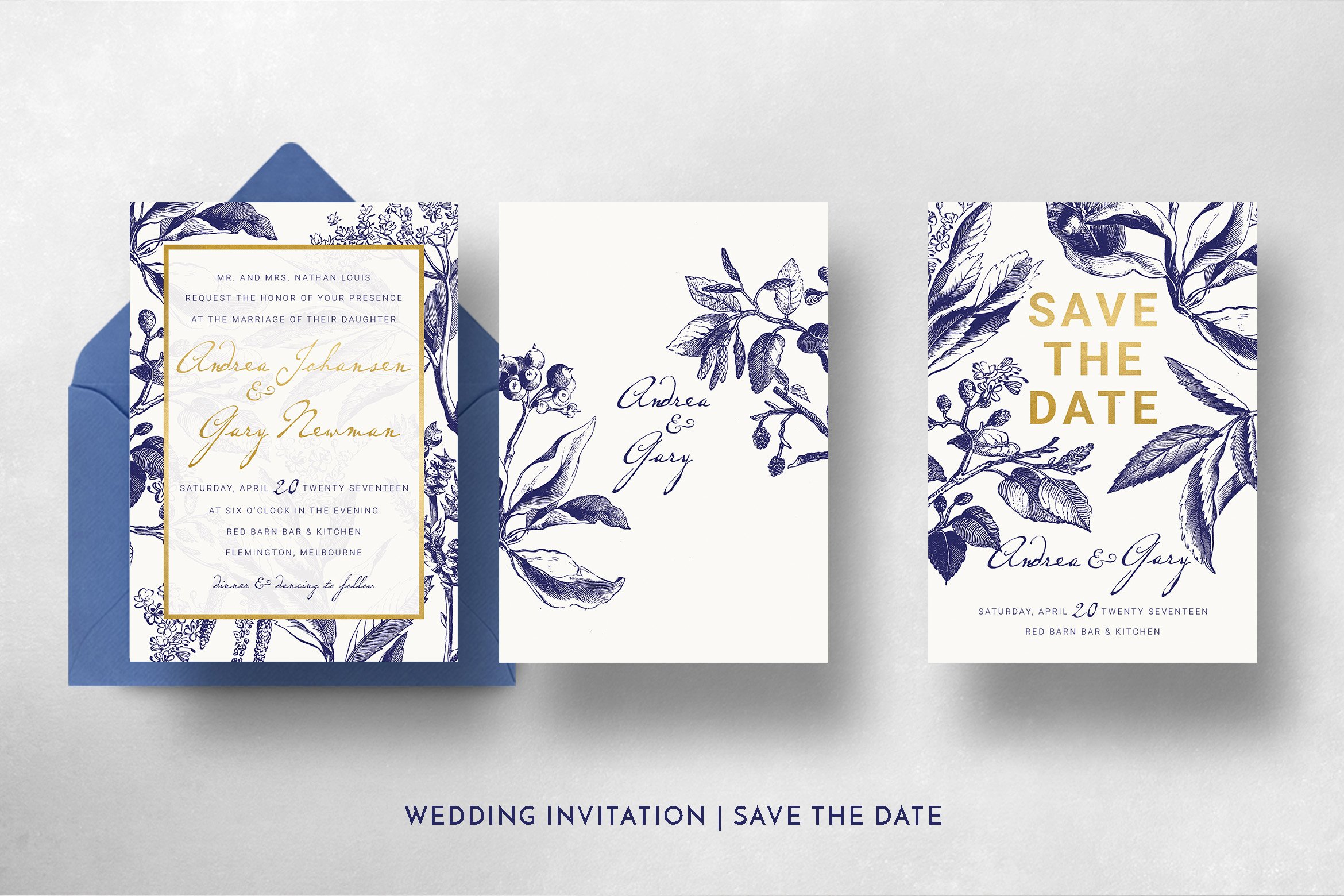 Gold & Navy Wedding Invitation Suite width=