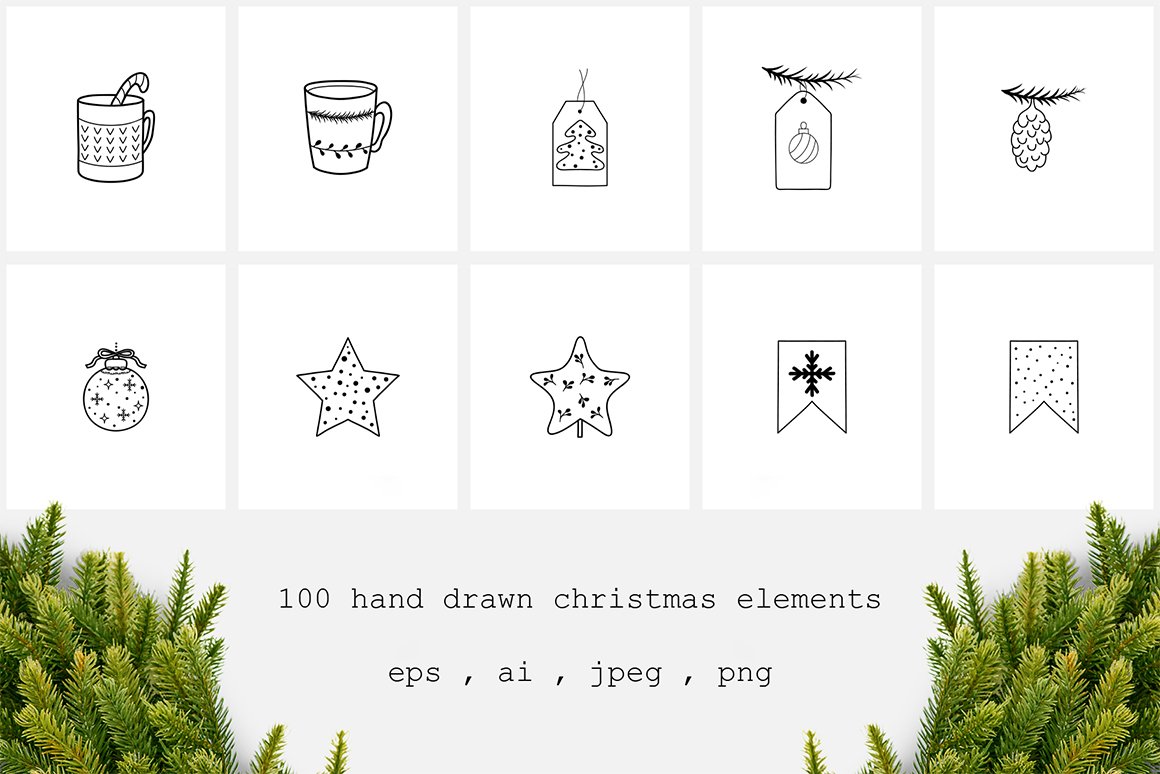 100 Hand Drawn Christmas Elements