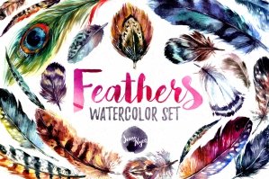 Watercolor Boho Feathers Set