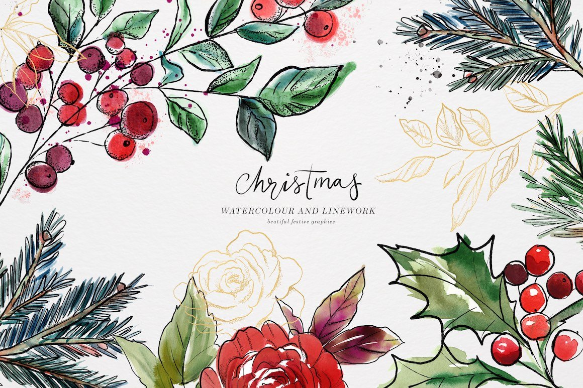 Christmas Watercolour and Inky Line