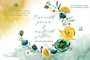 Emerald Green & Mustard Yellow Watercolor Flowers