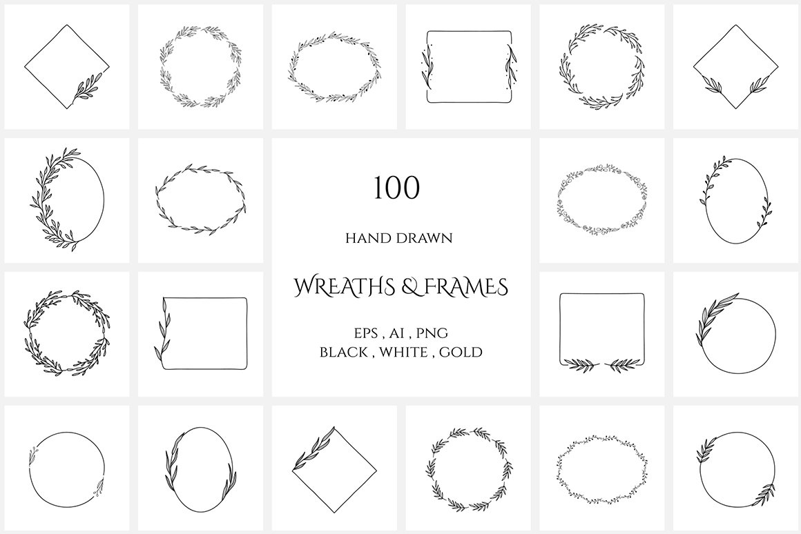 100 Hand Drawn Floral Wreaths and Frames 2