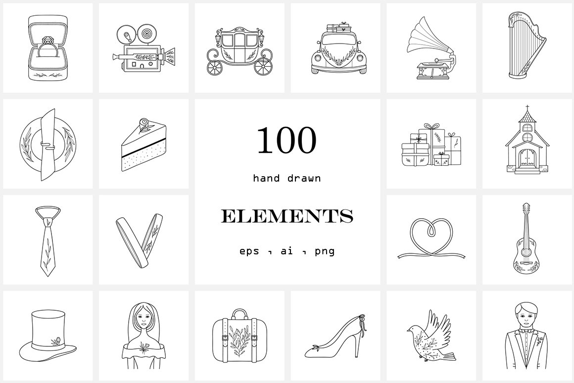 100 Hand Drawn Logo Elements- Wedding Line Icons